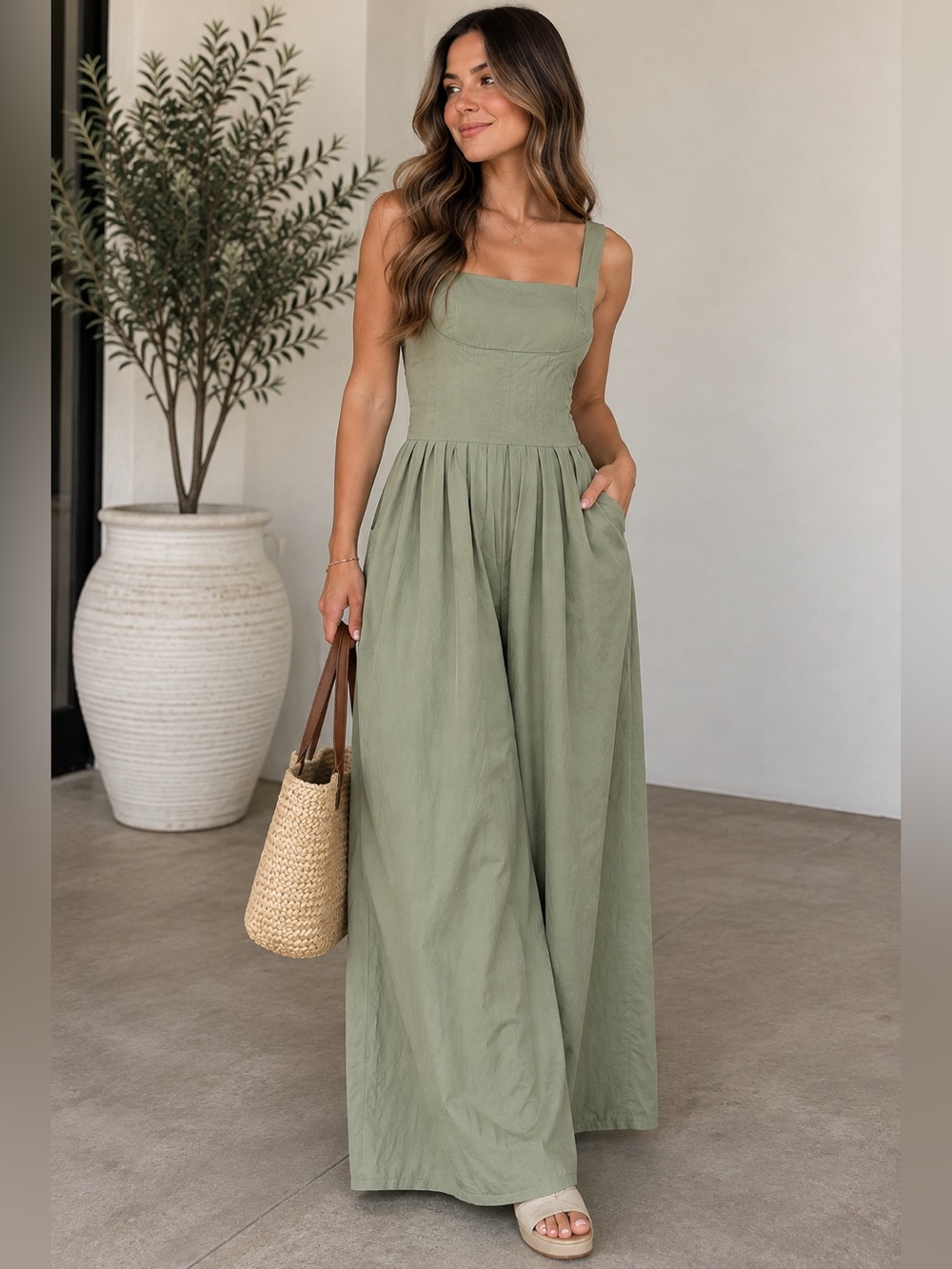 Line & Dot Sage Green Square-Neck Wide Leg Jumpsuit